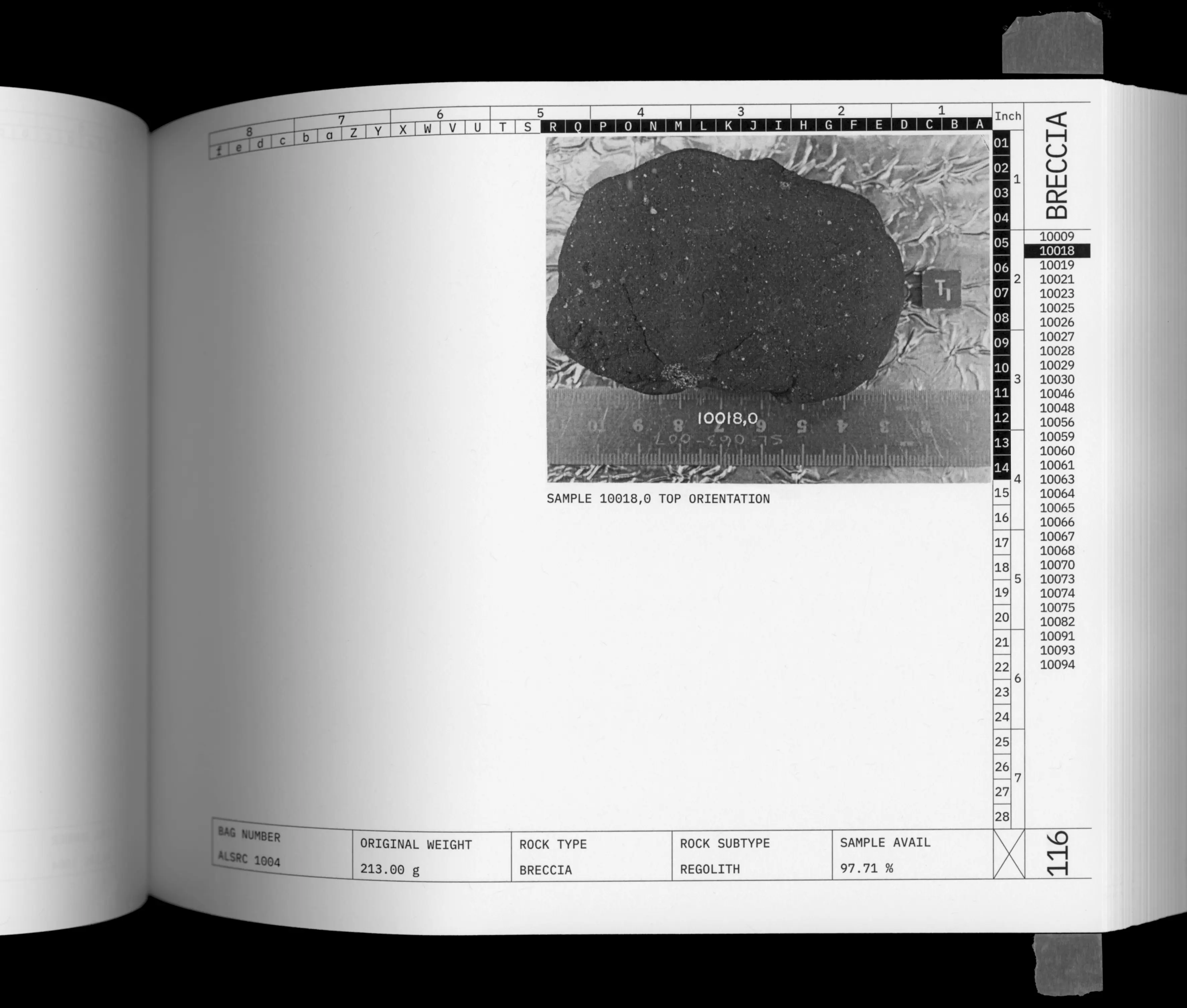 Apollo 11 Lunar Sample Catalogue page 116: breccia sample 10018,0 top orientation