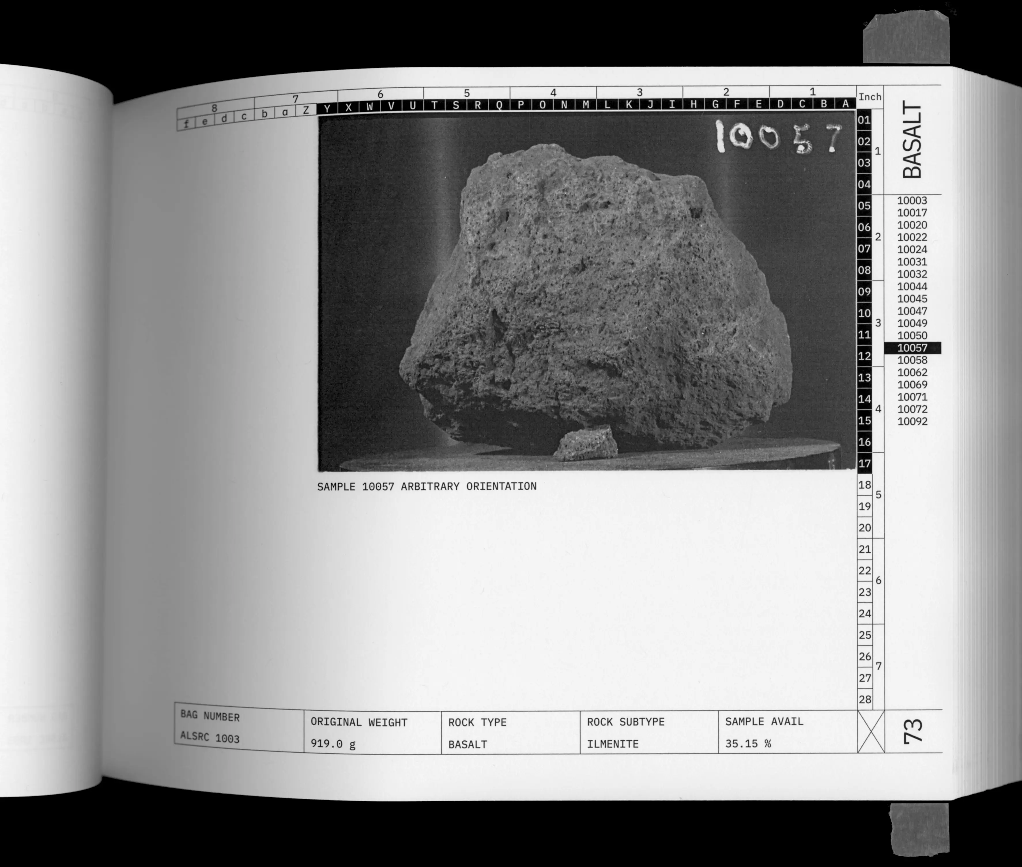 Apollo 11 Lunar Sample Catalogue page 73: basalt sample 10057 arbitrary orientation